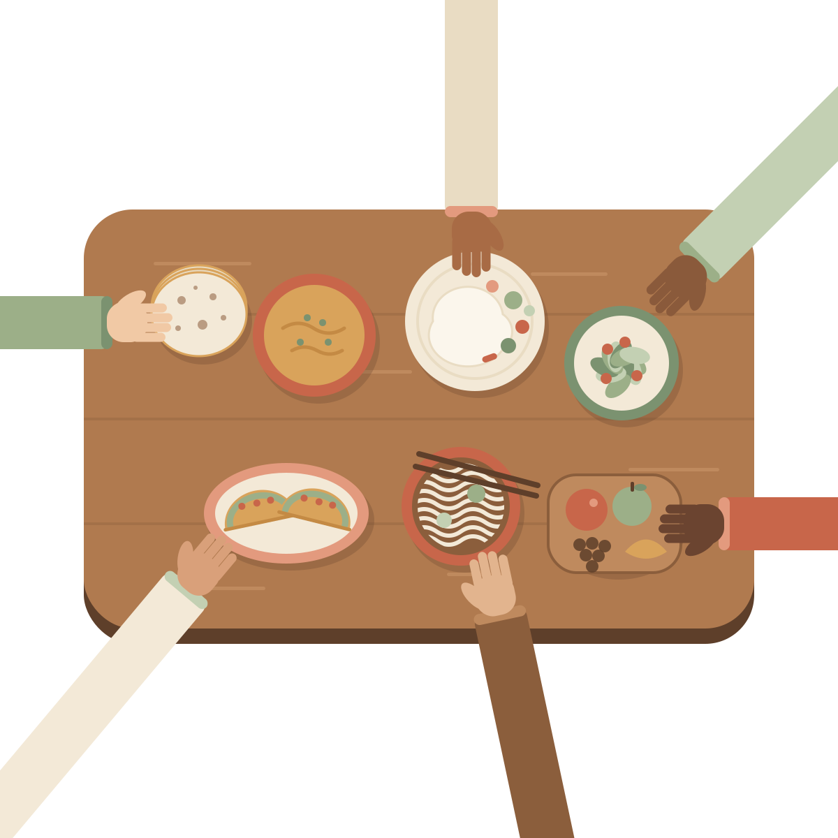Hands of different skin tones reaching for dishes on a shared table: dal and roti, tacos, noodles, salad and fruit.